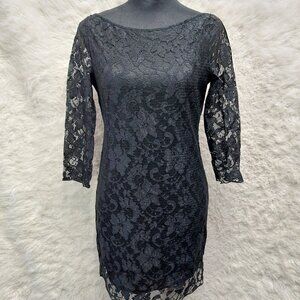 Little Mistress Women's Black Lace 3/4 Sleeves Open Back Dress Size M